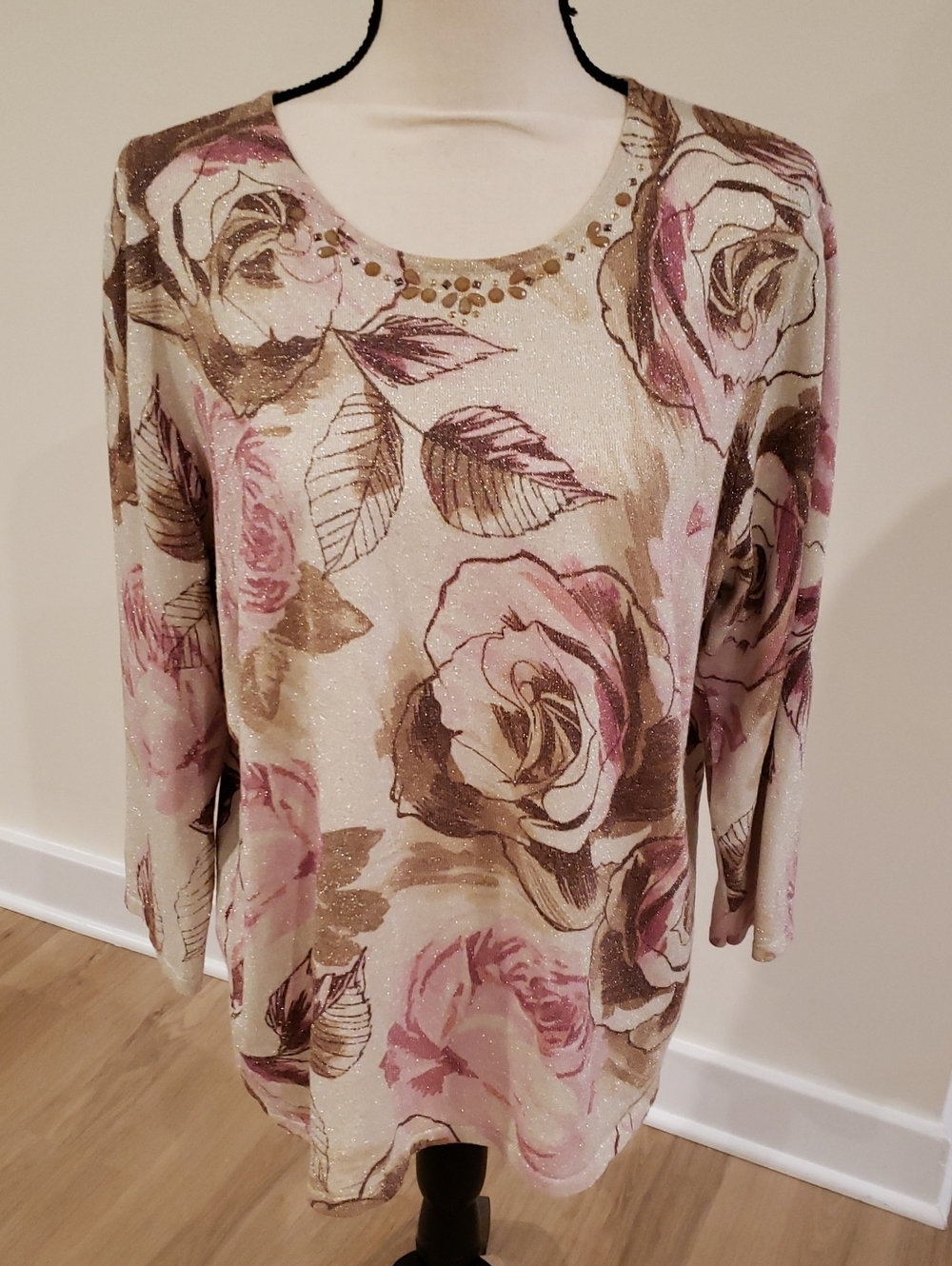 Alfred Dunner Sparkly Floral Scoop Neck Top - Pink & Cream